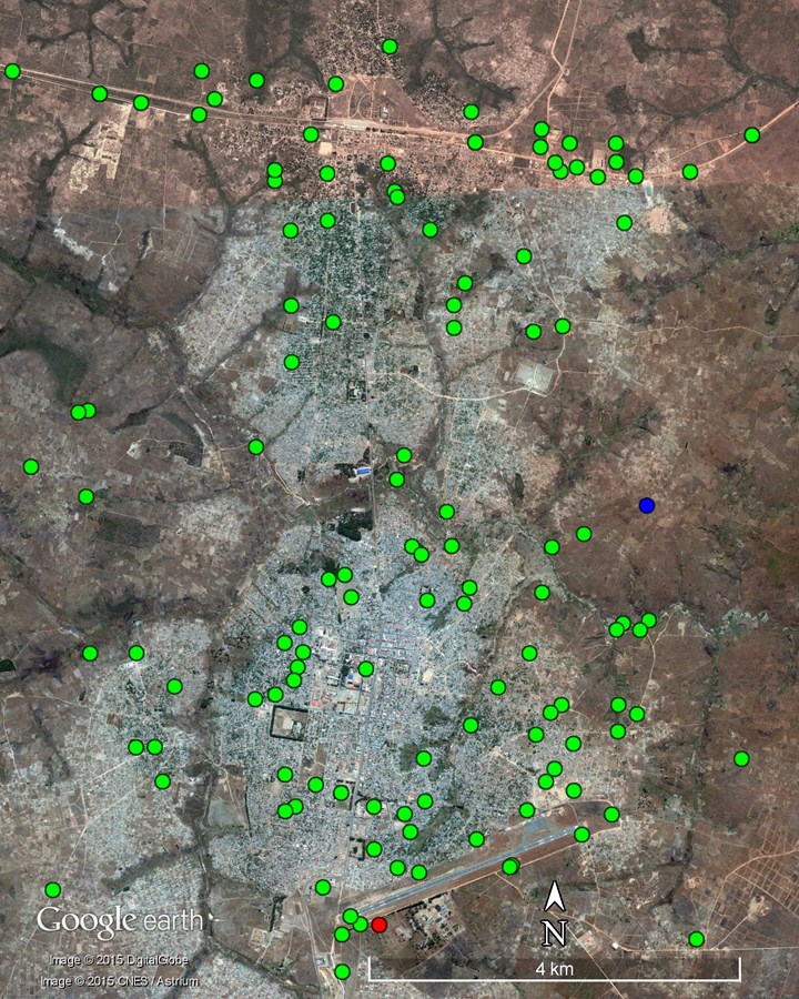 The satellite map shows the scale and impact of (de)mining across the city - Green dots indicate minefields cleared since 1994. The blue dot is Camissamba minefield cleared in 2015. The red dot shows the position of the last known minefield at a FAA military camp beside the city’s airport.