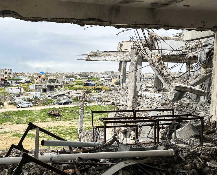 View through a destroyed building in the Gaza Strip