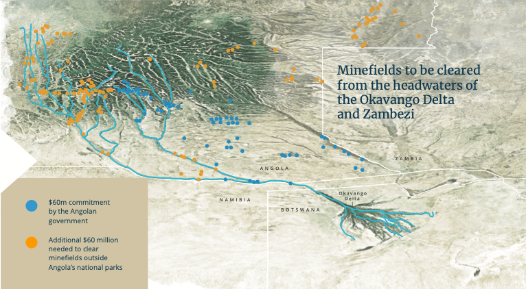 Map of the Okavango Delta highlighting minefields that remain to be cleared