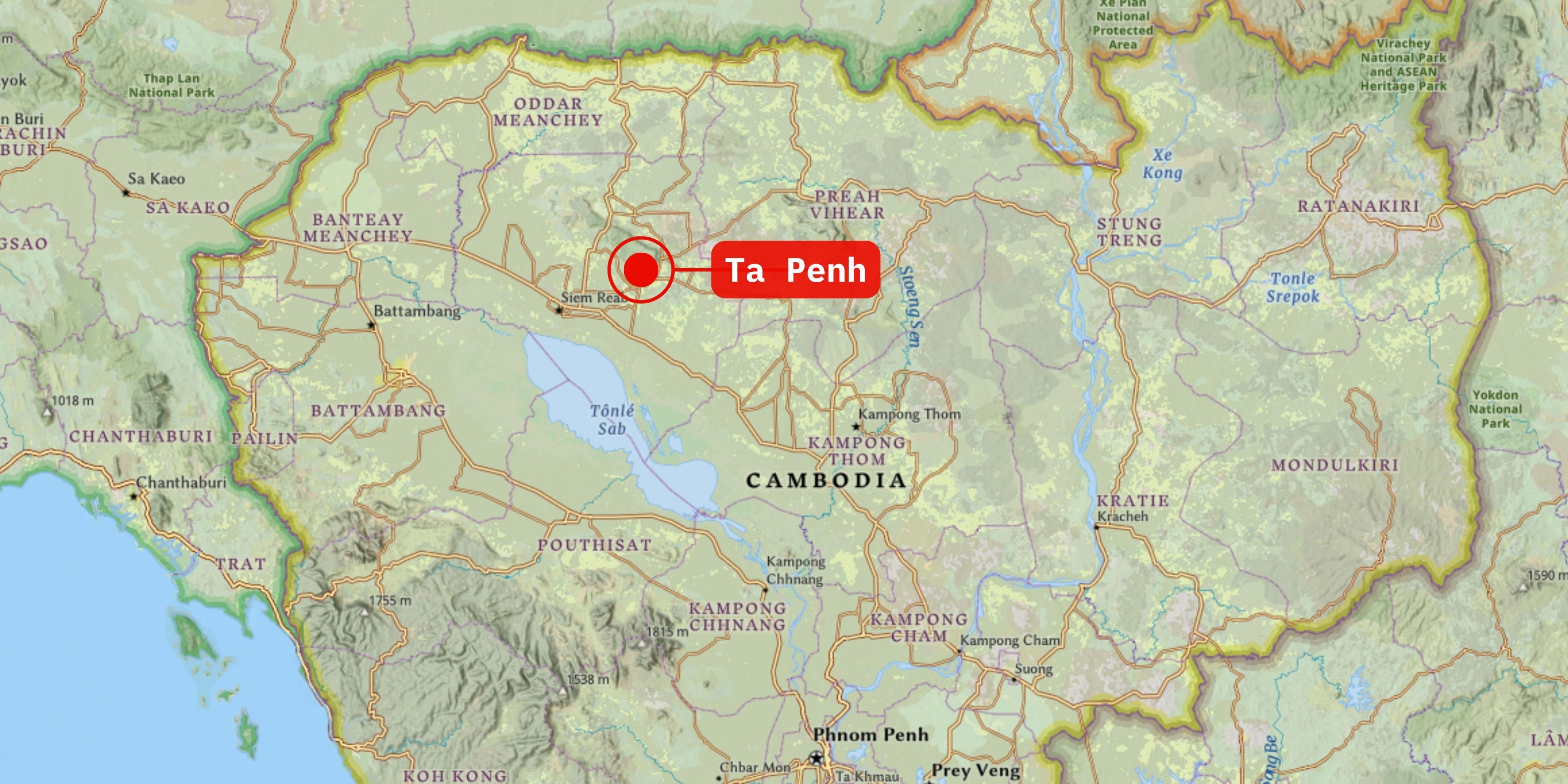 A geographical map of southwestern Cambodia with the village of Ta Penh highlighted by red