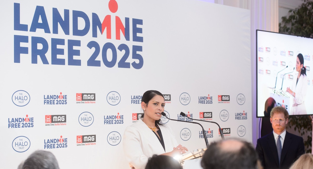 Former Secretary of State for International Development, Priti Patel delivers a speech at an event for a Landmine Free 2025 hosted by HALO and MAG