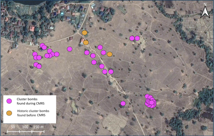 Satellite image showing the location of cluster bombs
