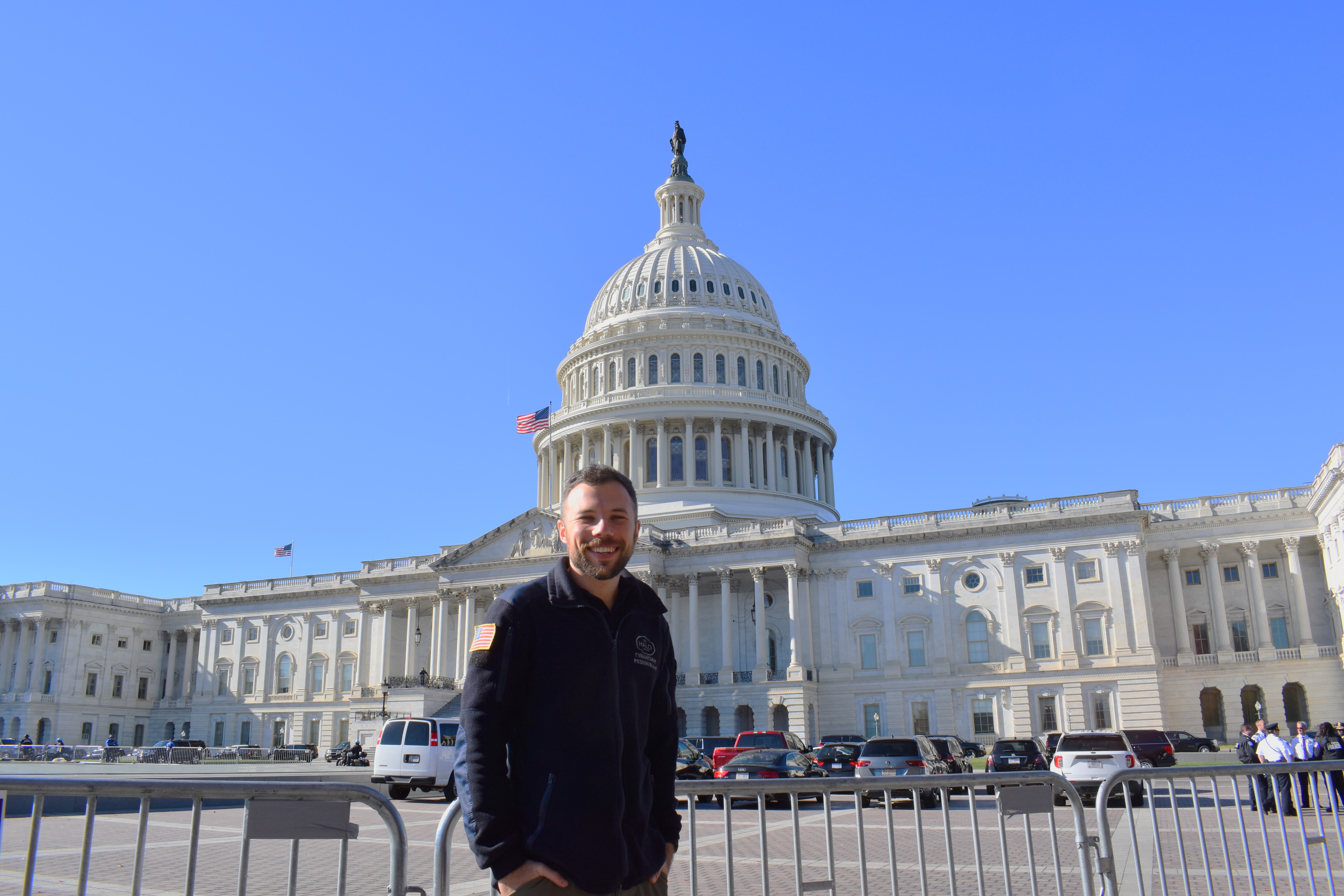 A HALO staff member stands outside The Whitehouse in the US