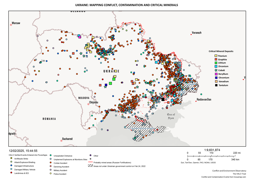 Map showing areas of conflict, contamination and critical minerals in Ukraine