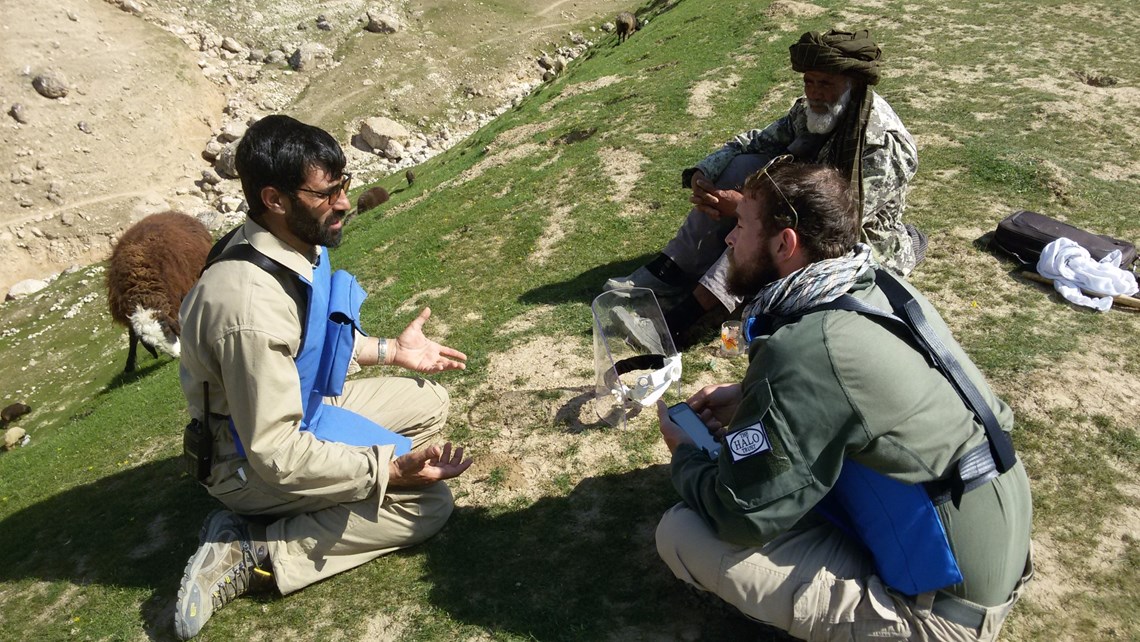 Abdul Hakim speaks with HALO staff on his family's grazing land in Marmul, Afghanistan 