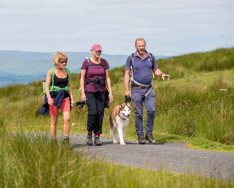 People participating in the "walk for Syria" event walk through a path in the countryside with their dog