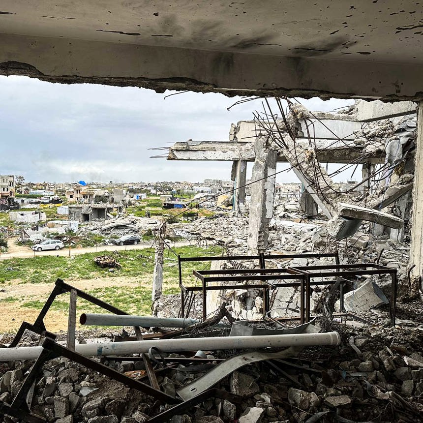 View through a destroyed building in the Gaza Strip