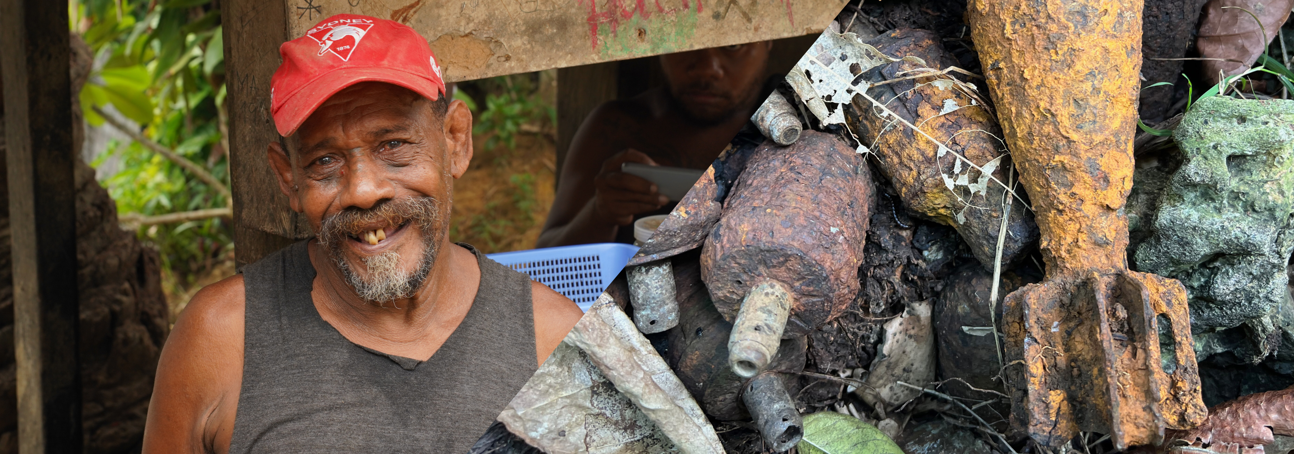 A collage of Timothy Rekoel in his backyard on the left and unexploded ordinance on the right