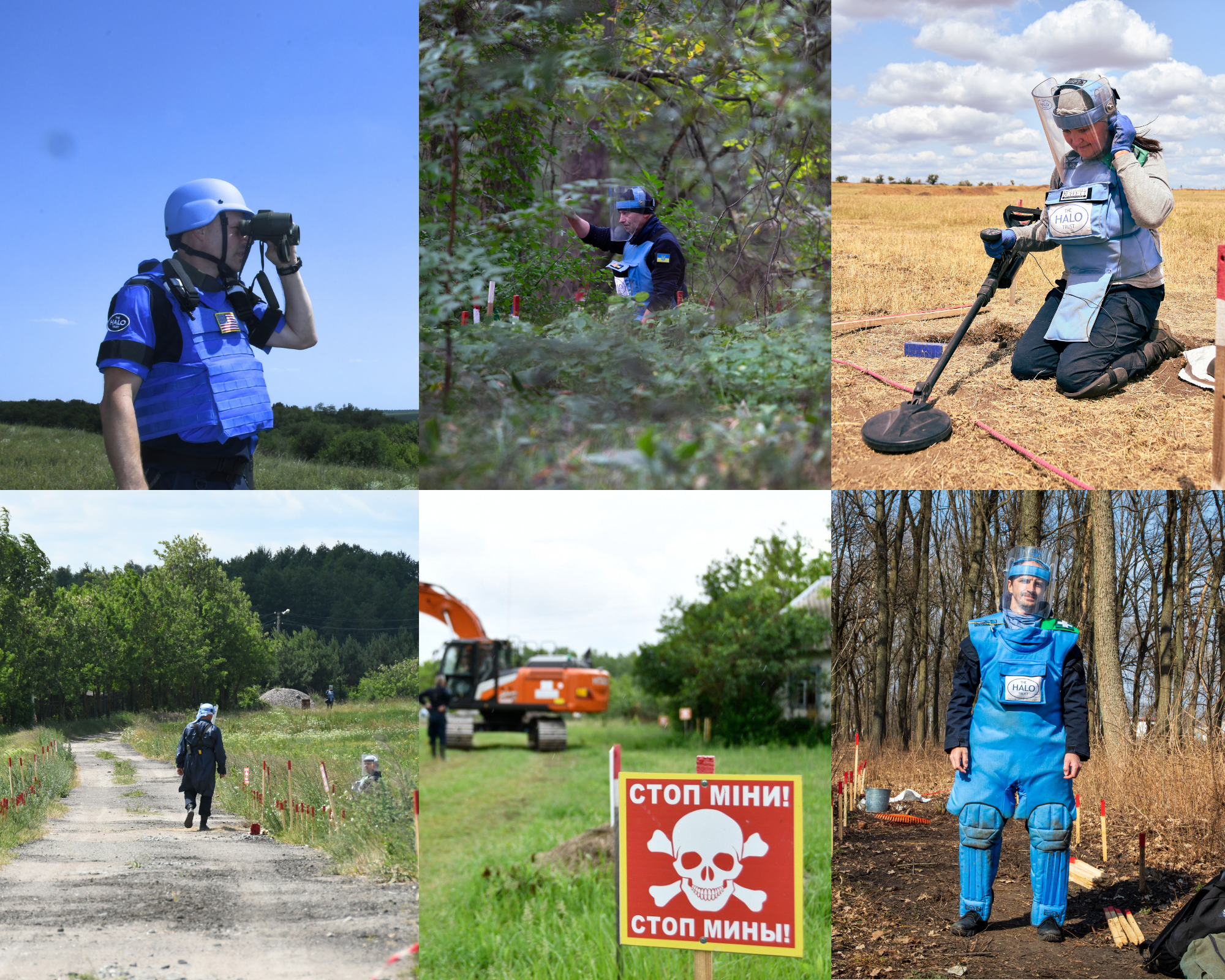A photo collage of deminers and their equipment over the four years of war on Ukraine