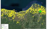 Yellow dots on a map depicting where police forces have faced explosives disposal call outs 2011-2020