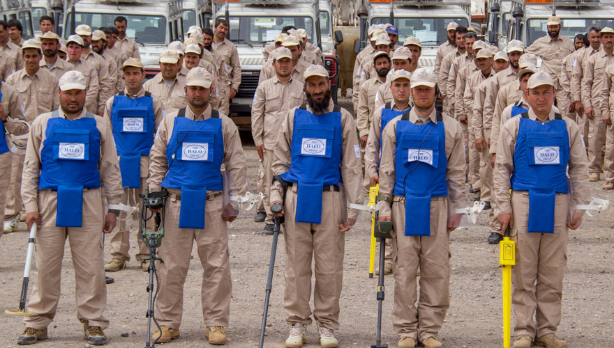 Afghanistan deminers stand in front of their vehicles in ordered rows