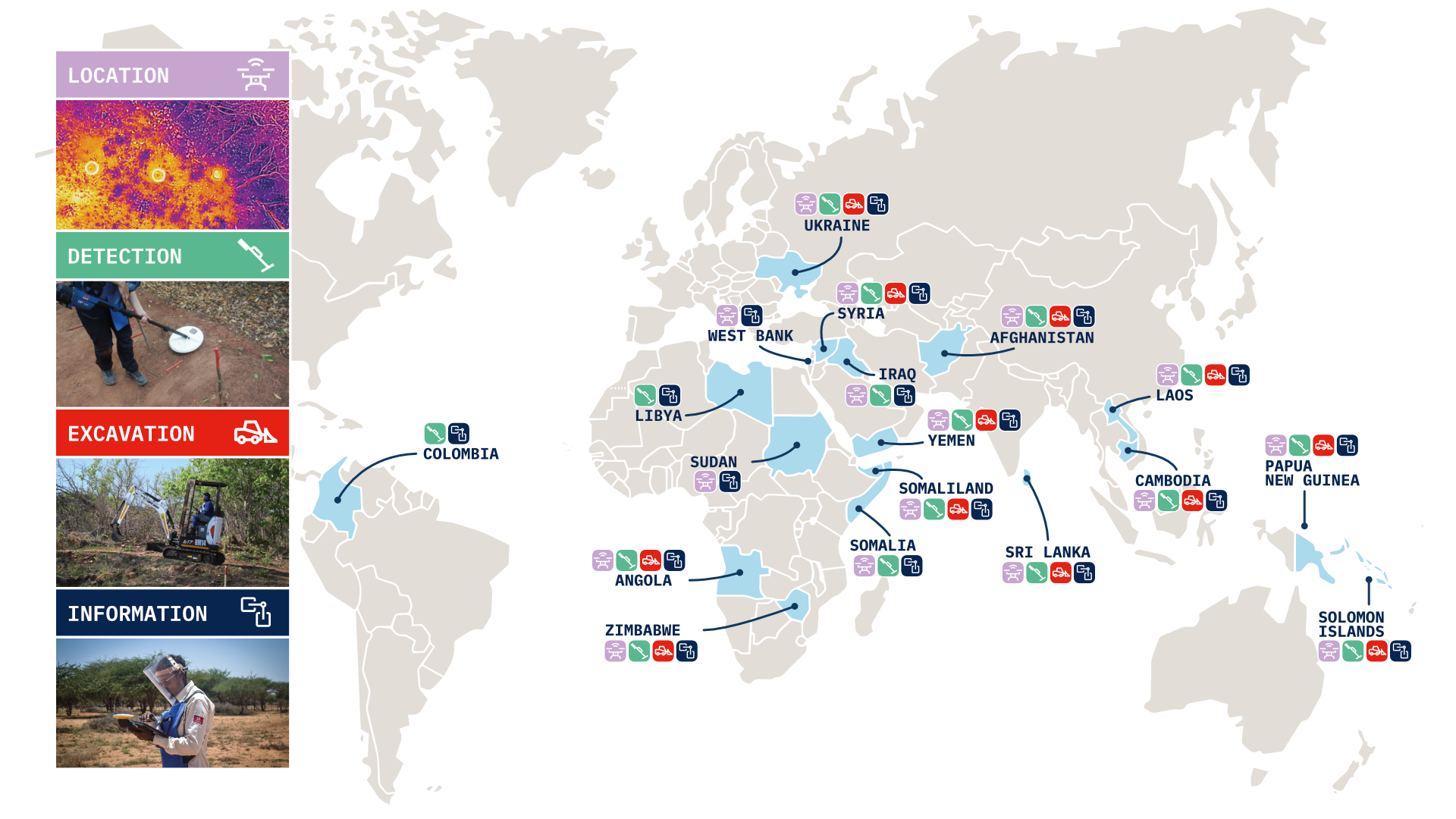 Map infographic of places where HALO uses different technological innovations