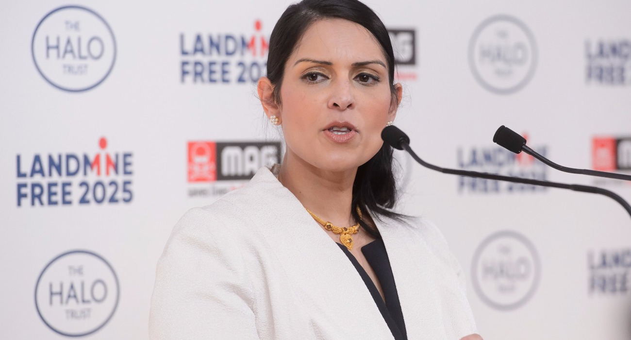 Former Secretary of State for International Development, Priti Patel delivers a speech at an event for a Landmine Free 2025 hosted by HALO and MAG
