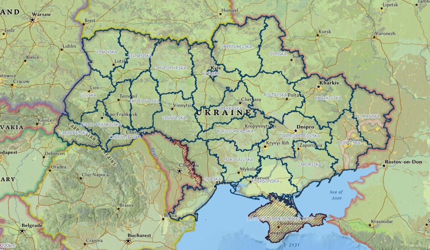 A map of Ukraine showing the different regions and cities