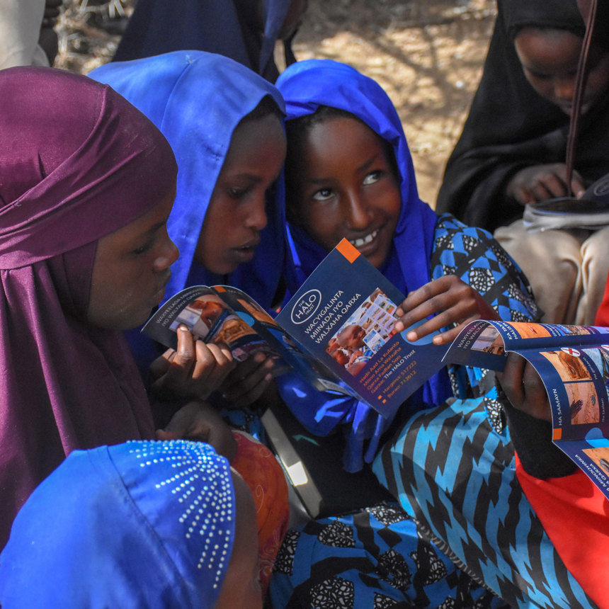 Children from a risk education session in Mandheera village hold a HALO booklet