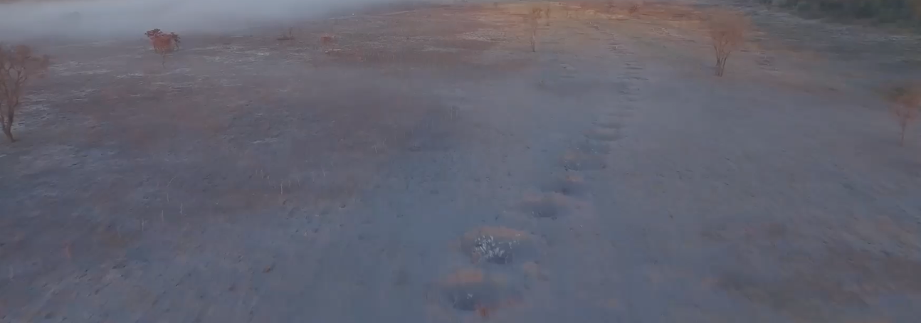 An aerial shot of a former minefield in the fog during sunrise in Angola