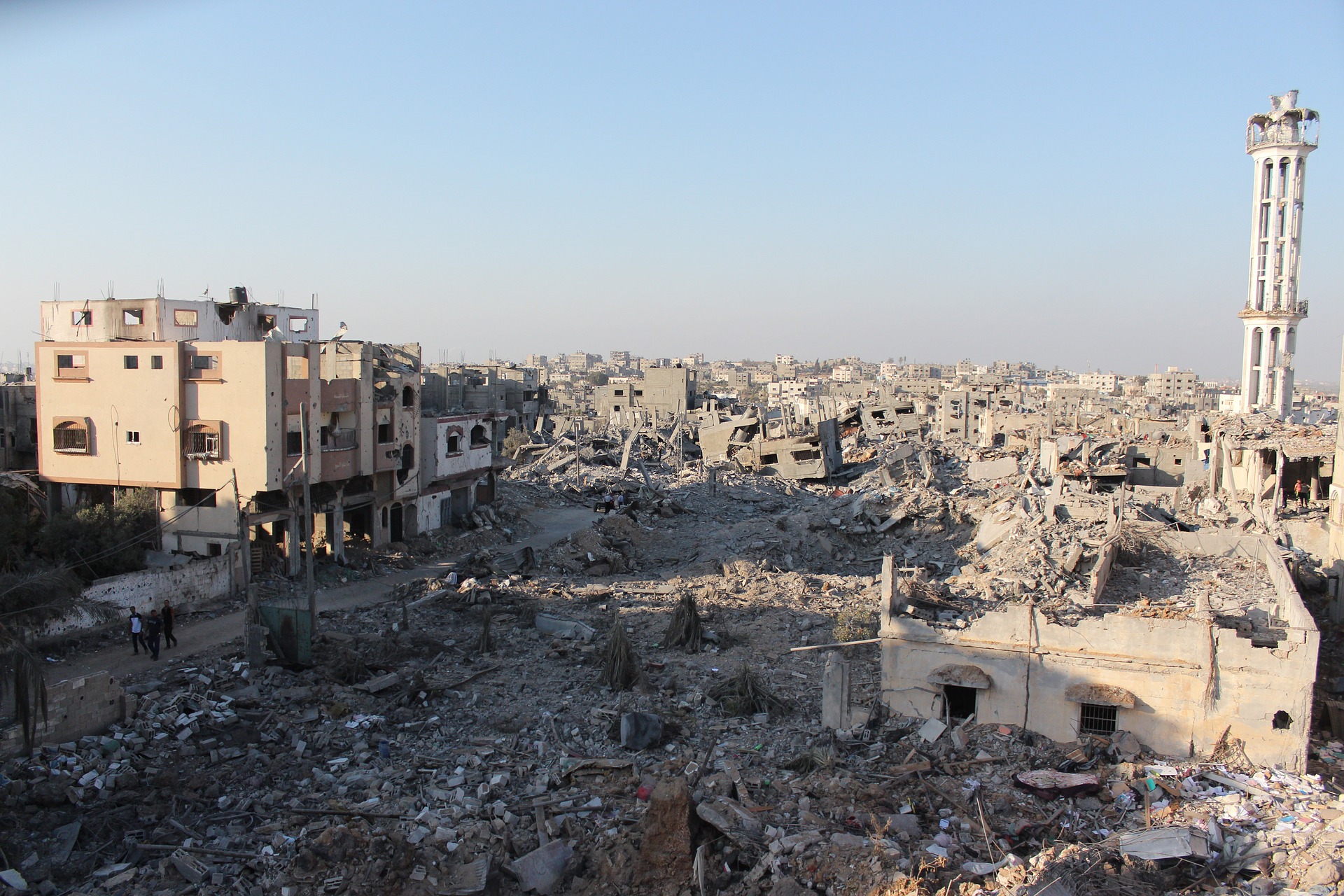 Landscape view of destroyed buildings and rubble in the Gaza Strip