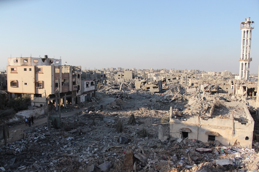 Landscape view of destroyed buildings and rubble in the Gaza Strip