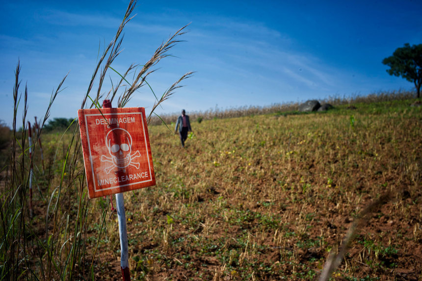 A "Danger Mines" Sign in a rural minefield in Huambo, Angola