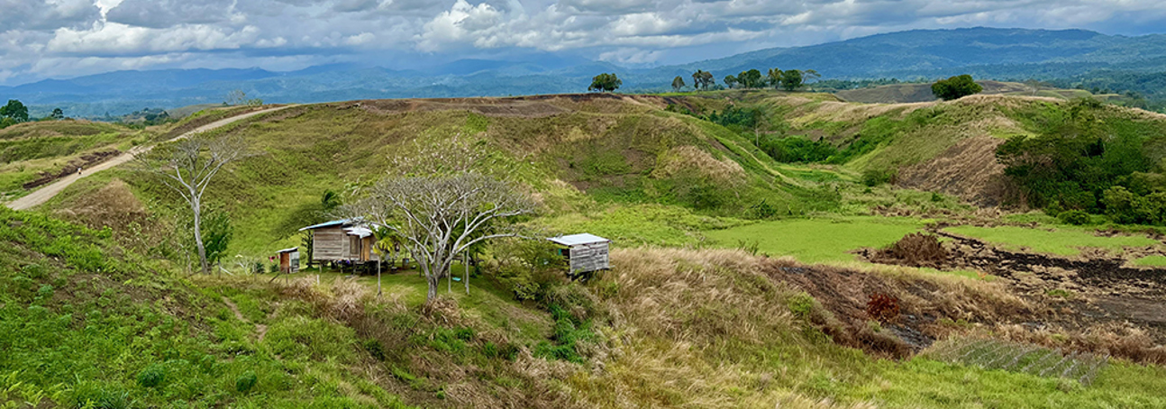 Panoramic view of the Bloody Ridge in Guadalcanal, showcasing dense jungle terrain and rugged hills under a cloudy sky