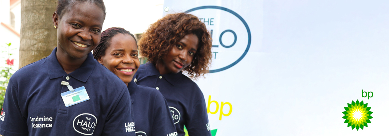 Portrait of three female deminers at the BP Angola grant signing event in Luanda