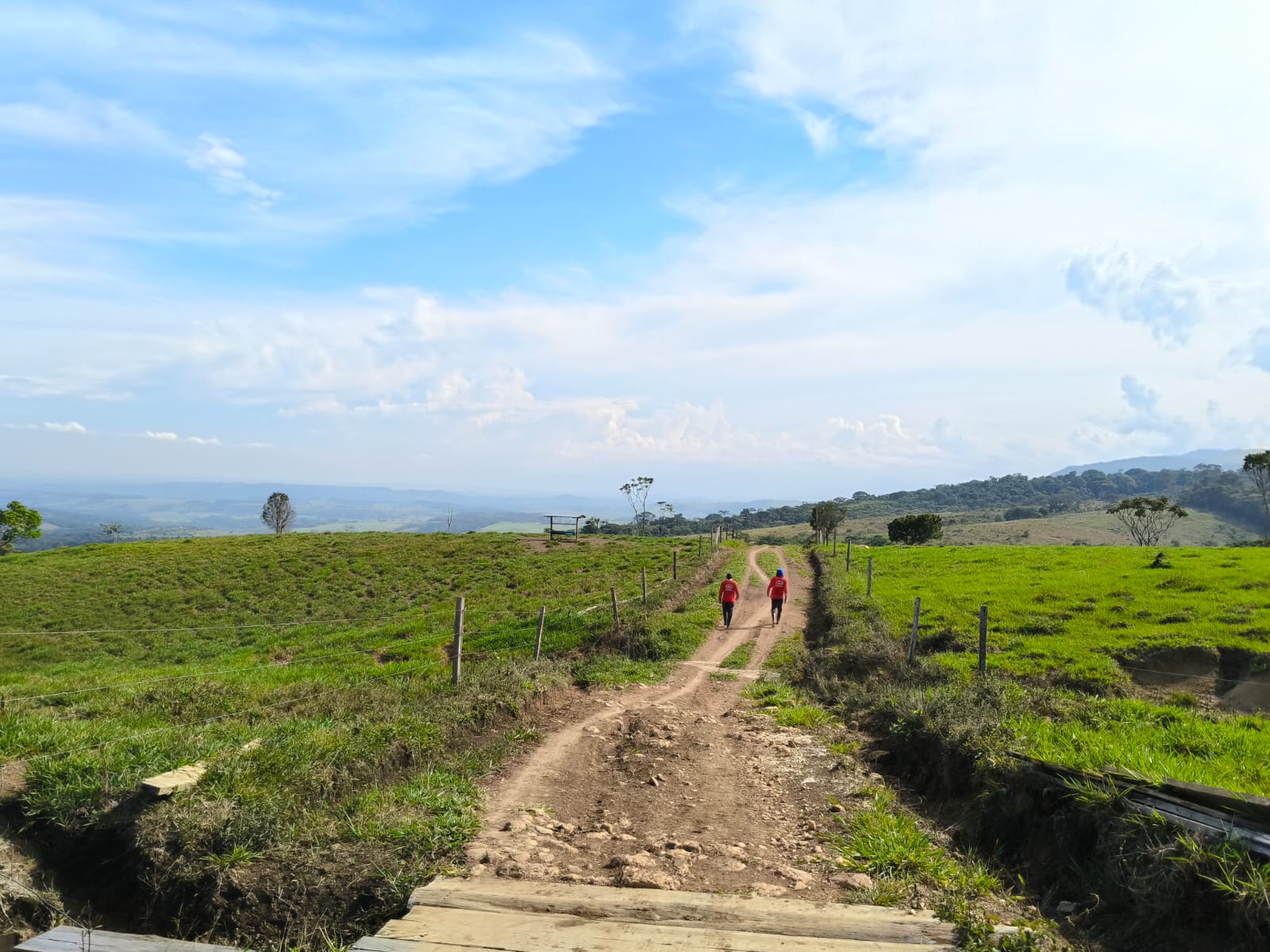 Two HALO deminers in red shirts walk far in the distance along a dirt path between two fields.