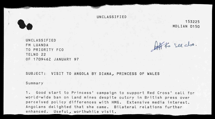 A copy of an official memo summarising Princess Diana's visit to the minefield in Angola