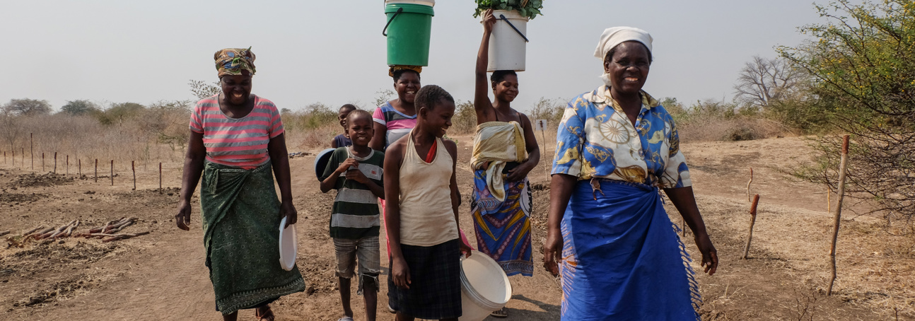 A group of women and children cross the fields next to a minefield in Zimbabwe