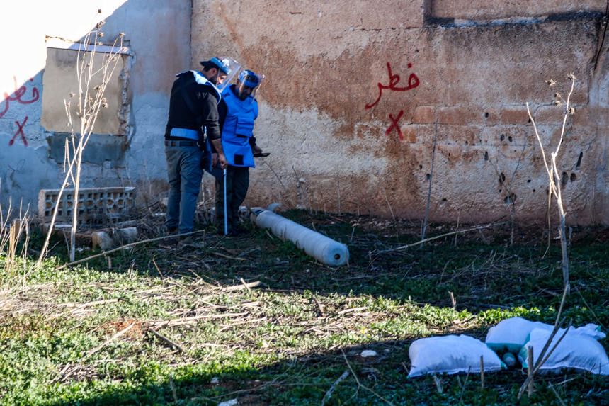 Saraqib in Syria: Two men working for The HALO Trust are called to look at an explosive left by fighting.