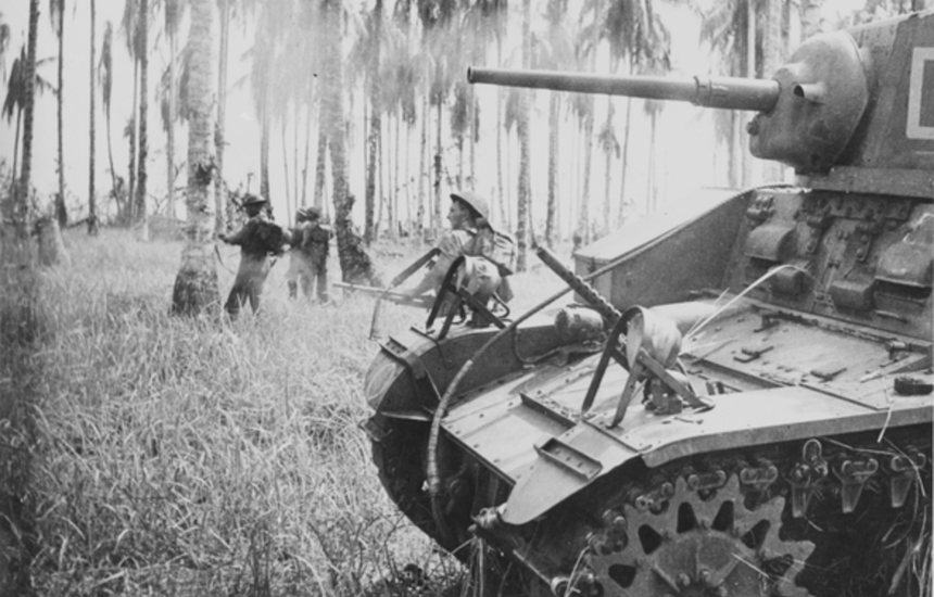 Black and white picture of Australian soldiers and a military tank in 1943
