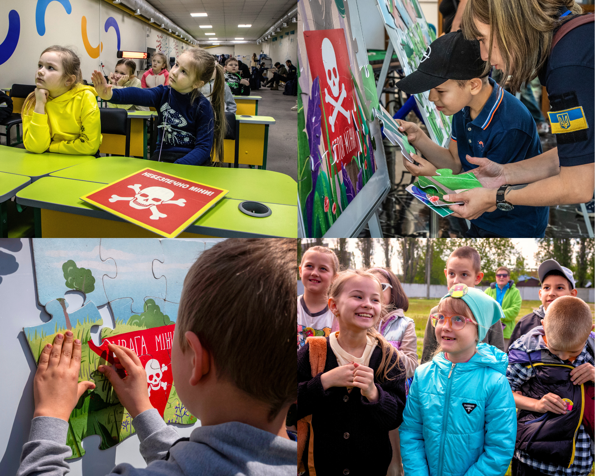 A photo collage of Ukrainian children receiving mine risk education 
