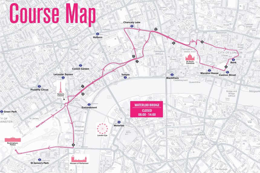 A map of the Vitality 10,000 route in London