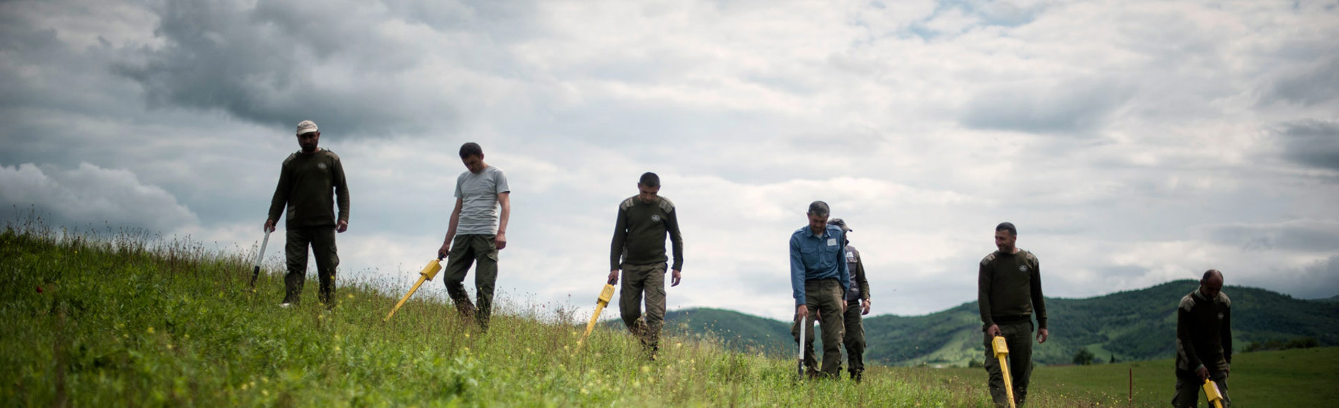 A team of deminers use metal detectors in a field in Nagorno Karabakh
