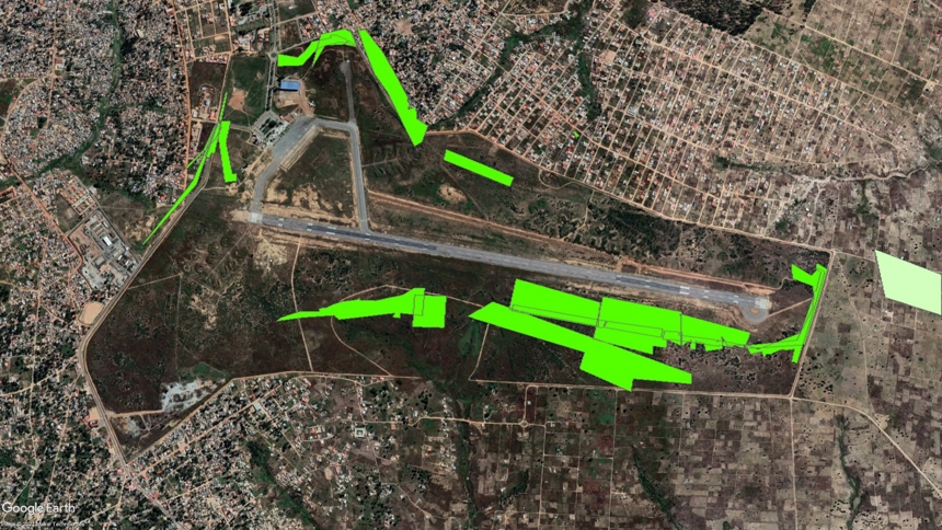 Aerial map showing the proximity of minefields to the airport in Huambo, Angola