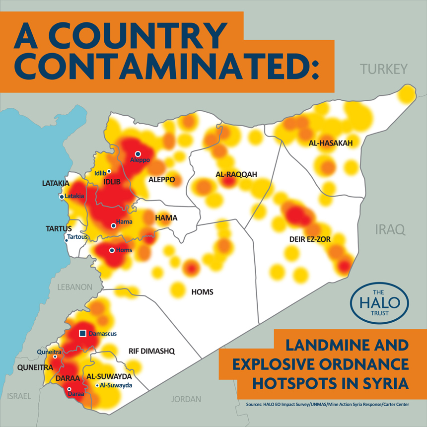 A map image depicting the areas and scale of landmine and explosive ordnance contamination in Syria