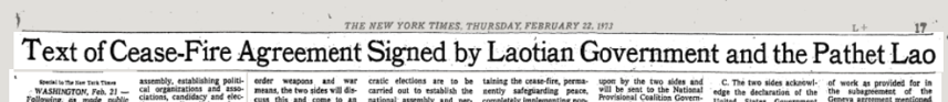 A headline announcing the ceasefire between the US and Laos ending the aerial bombing campaign