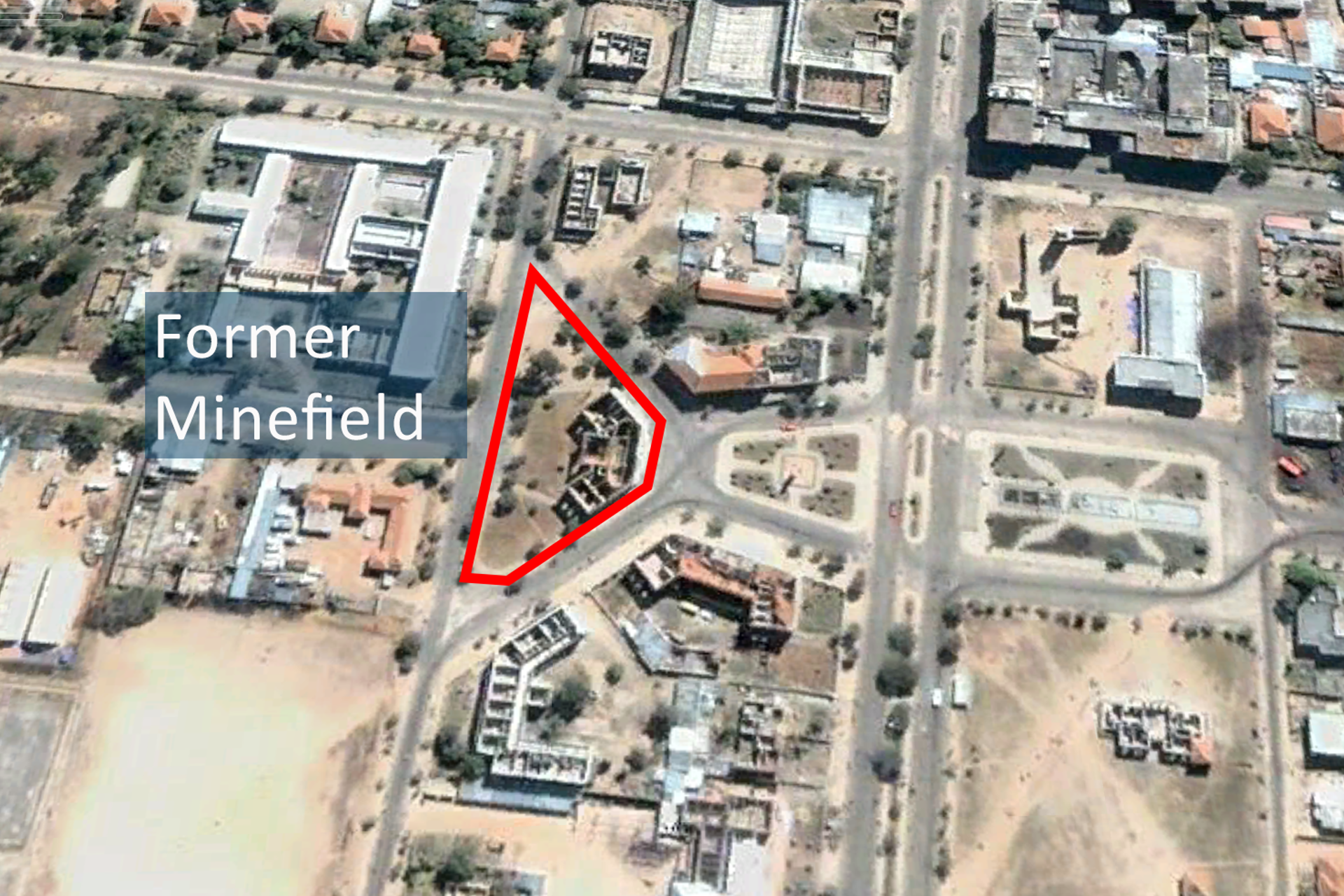 An aerial photo of a city highlighting the location of a former minefield