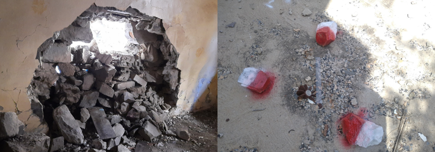 Side-by-side images of a hole blown into a wall from a projectile and markings on the ground to indicate explosives.