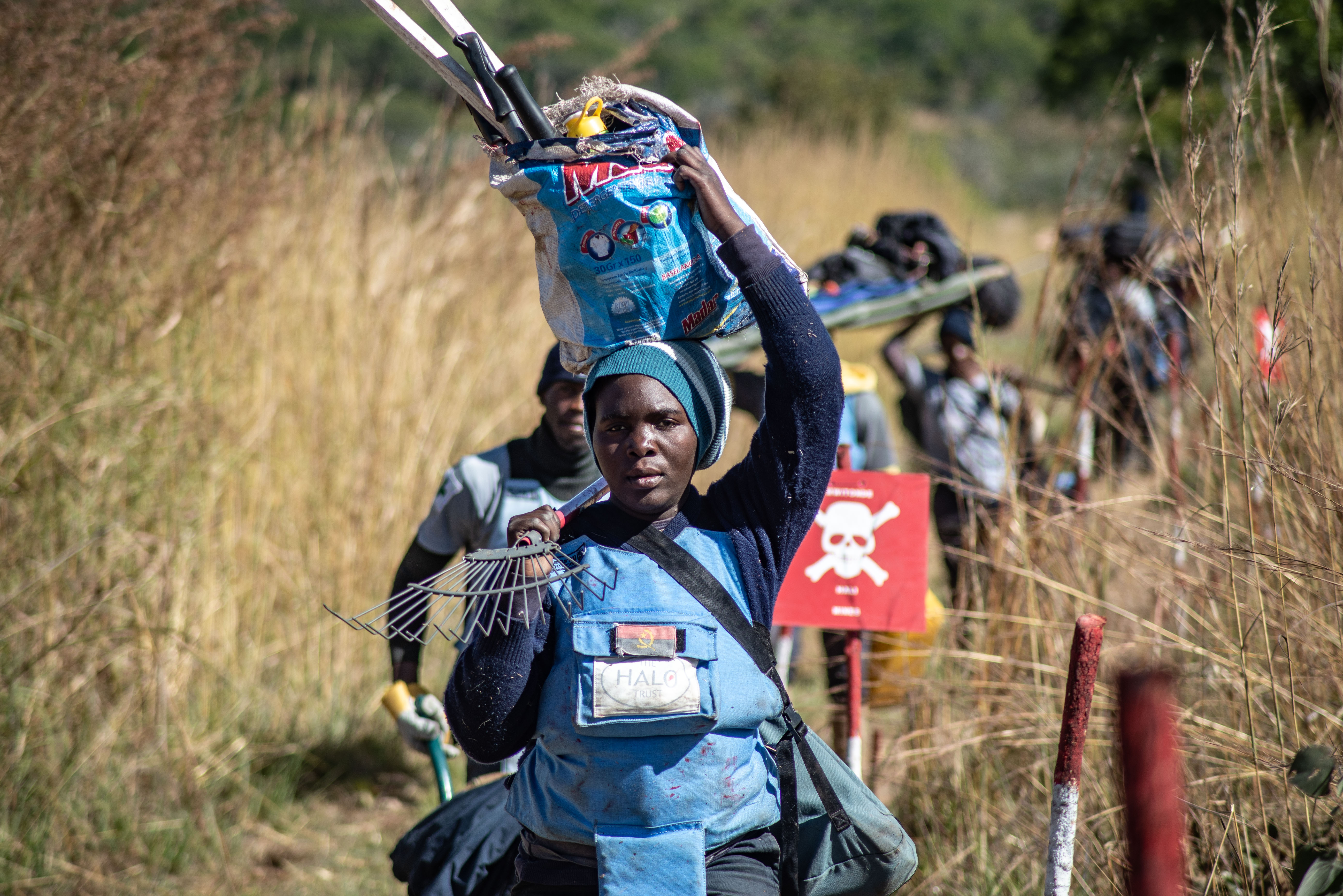 HALO deminers walk through a minefield carrying equipment 