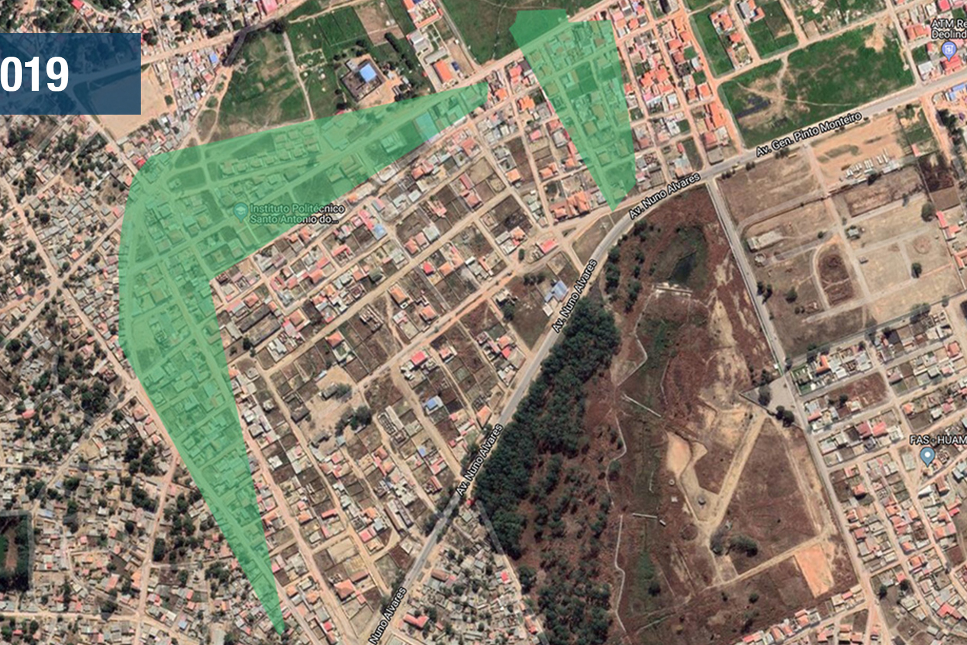 A satellite image taken in 2019 showing housing and infrastructure built on former minefields in Huambo