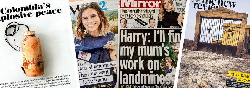 A collage of news articles with headlines about landmines