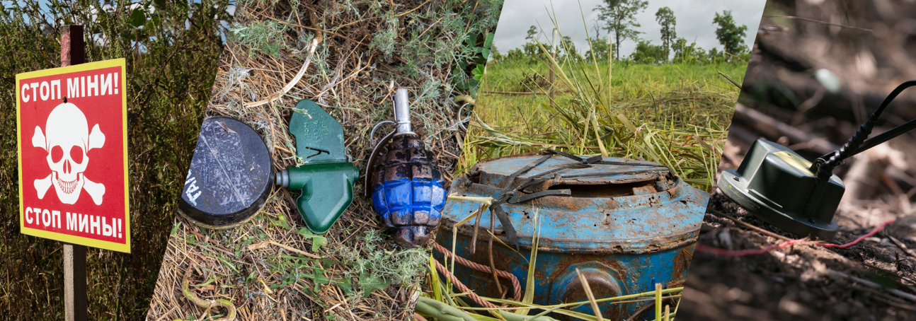 Different items of unexploded ordnance including an anti-tank mine and butterfly mine