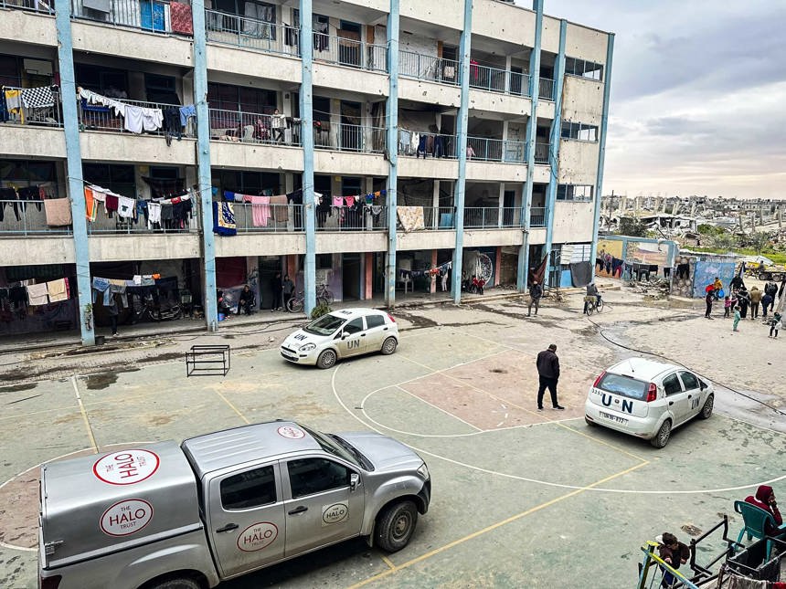 A HALO vehicle in the yard of a UN school in Gaza used as a shelter