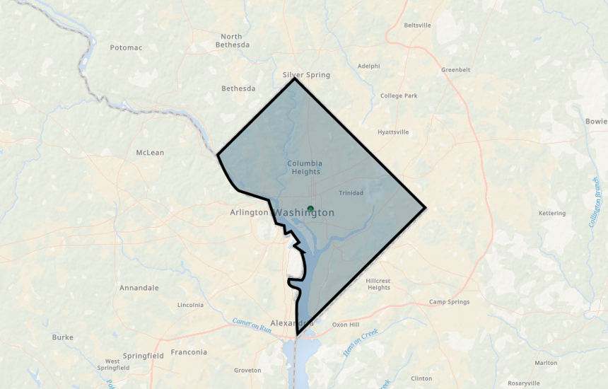 A map of the amount of land rendered safe by HALO superimposed over Washington D.C