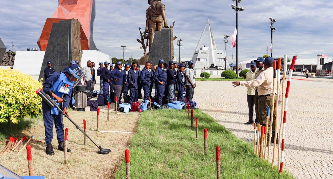 HALO Trust deminers conducting a mine clearance demonstration at the Cuito Cuanavale memorial site, demonstrating commitment to safety and precision