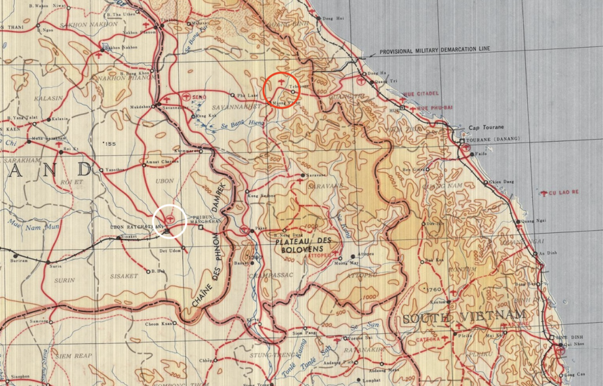 A map of Laos highlighting the locations of Ubon airfield and Nabo village