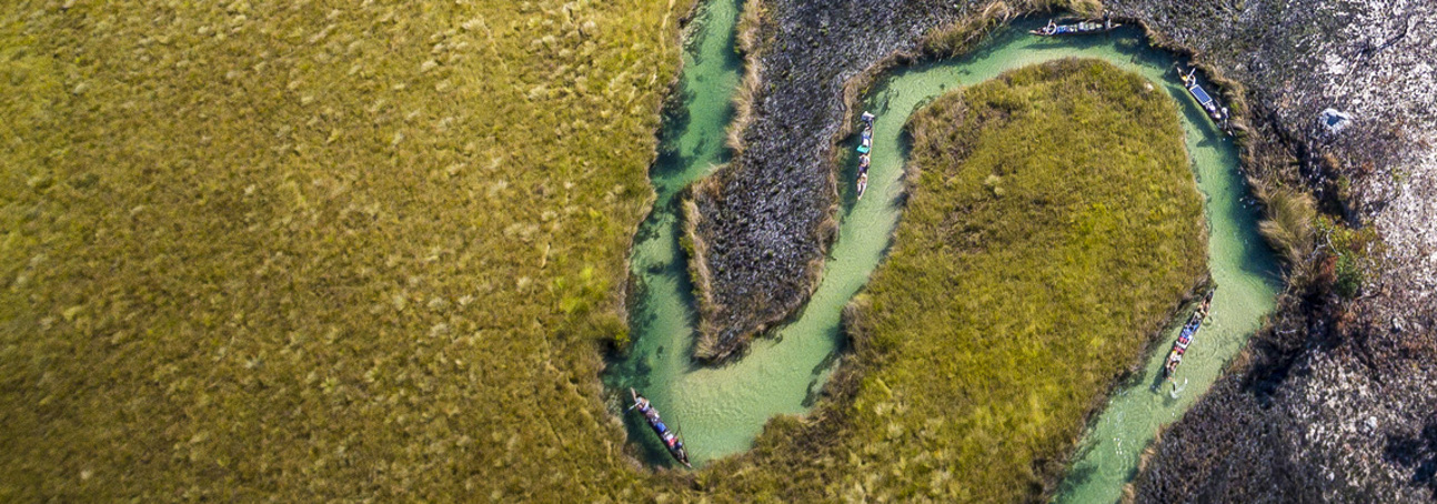An aerial photograph showing a river weaving through the Okavango landscape