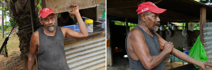 Two different shots from the front and side of Timothy Rekoel in his backyard