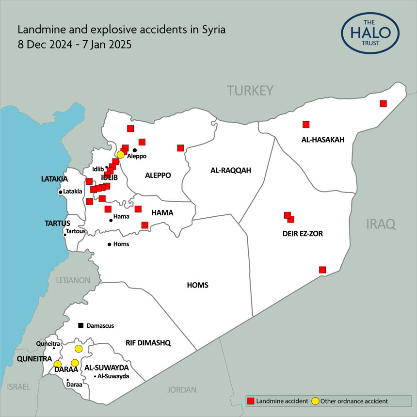 A map of Syria shows landmine and explosive accidents since the fall of Assad
