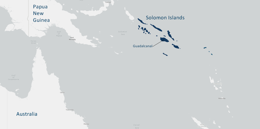 A map depicting the location of the Solomon Islands, and Guadacanal Island
